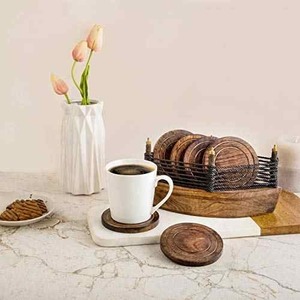 Classic Eco-Friendly Square Walnut <b>Wood</b> <b>Coasters</b> with Holder and Cup Lid-ArtisanVibe Low Price - Product Image 4