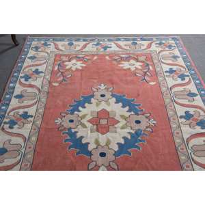 Alfombra clásica de lana de retazos rosa y azul de 6,3x9 pies, alfombra de tejido turco para sala de estar, respaldo de látex con diseño de rompecabezas rectangular - Product Image 4