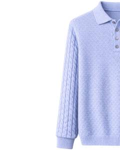 Suéter de Punto de Lana con Cuello Polo Azul Claro para Hombre, Personalizado por el Fabricante, Manga Larga, Invierno, Suave, Cálido, Diseño de Cable - Product Image 3