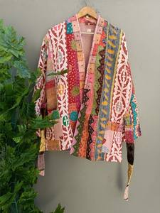 Women's Long Winter Coat Cut Work Multi-Patchwork Quilted Kantha <b>Kimono</b> Cotton-Filled Jacket for Work <b>Belt</b> Finished Product - Product Image 5