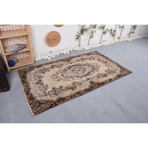 Tapis traditionnel en laine beige marron fait à la main 3.7X6.6 pieds Vintage turc Patchwork Rectangle Design Latex adolescent chevet couloir - Product Image 3