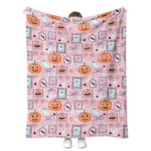 Cute Pink Halloween Ghosts Pumpkins Bows Patrón Manta Maqueta gratis Diseños personalizados sin costuras Impresiones Mantas de felpa - Product Image 1