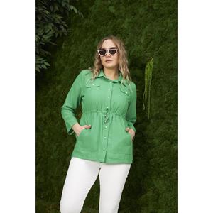 Veste en lin mélangé vert pour femmes grandes tailles RMG avec ceinture ajustable, vêtement d'extérieur confortable en coton - Product Image 3