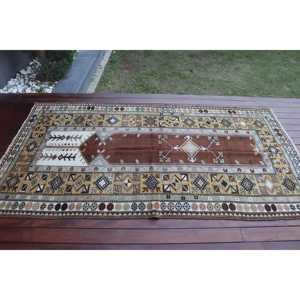 Vintage 4.1x7.5 ft Rug, Area Turkish Rug, <b>Brown</b> White Floral <b>Wool</b> Rug - Product Image 3