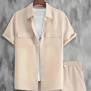 Meilleurs vêtements d'extérieur d'été pour hommes Chemise à manches courtes rayée respirante et short décontracté pour la plage ou la croisière - Product Image 1