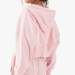 Trendy Dynamic Pink Drop Shoulder Mujeres Boxy Crop Zip Through Hoodie Sudaderas con capucha antiarrugas y transpirables Mujeres Zip Up Hoodie - Product Image 1