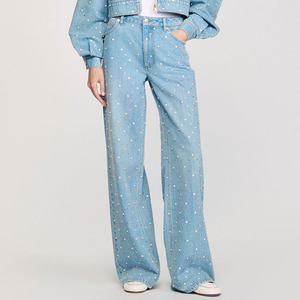 Luxury <b>Pearl</b> Embellished Wide-Leg Denim Jeans for Women Light Wash and Trendy Streetwear <b>Pearl</b> Denim Trousers For Women - Product Image 1