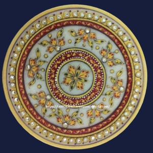 Pooja Thali de mármol Makrana blanco pintado en oro Rajasthani con logotipo personalizado para regalos de Diwali y promociones comerciales de Navidad - Product Image 5