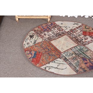 Alfombra turca Vintage de 3,4x3,4 pies, Alfombra de lana tejida plana roja y Beige con respaldo de látex para decoraciones de sala de estar - Product Image 5