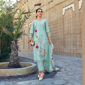 Broderie de fleurs appliques et travail manuel sur soie Milan avec doublure en coton et bas en dentelle avec Dupatta - Product Image 1