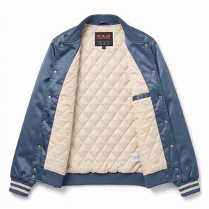 Blouson Bomber en Satin Personnalisé pour Homme Bleu Acier Crème avec Patchs en Chenille Brodés Logo Personnalisé OEM Streetwear - Product Image 3