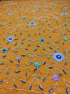 Tissu en dentelle florale multicolore de luxe avec éléments de broderie 3D en perles, tissage écologique de style croisé pour accessoires - Product Image 3