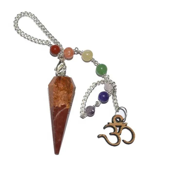Uniquely Crafted Red Jasper 12 Faceted Pendulums with Chakra Om Chain : Red Jasper 12 Faceted Pendulums with Chakra Om Chain