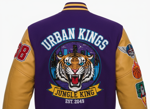 Purple Winter Varsity Bomber Jacket <b>Gold</b> Yellow Polyester Sleeves Stand Collar 100% Cotton | Hooded Classic Letterman Front - Product Image 4