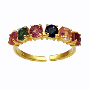 Plata de Ley 925 Chapado en oro Uso diario Multi Color Turmalina Piedra preciosa Estilo vintage Anillo de media banda - Product Image 4
