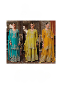 Costume Sharara de style pakistanais traditionnel brodé lourd de Chinon pour adultes pour les mariages et toutes les occasions Salwar Kameez - Product Image 5