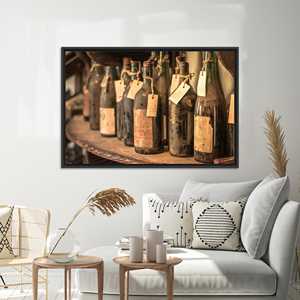 Toile imprimée avec des bouteilles de vin vintage : décoration élégante pour bar, toile encadrée noire - Product Image 1