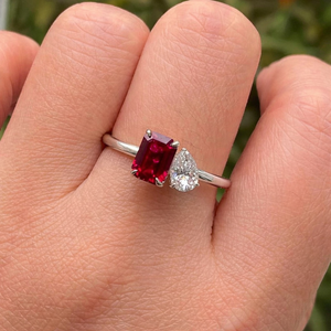 Anillo Toi et Moi con Rubí Natural y Diamante de Laboratorio, Anillo de Compromiso Antiguo en Oro Puro de 14K, Anillo Nupcial de Dos Piedras para Boda o Fiesta - Product Image 4