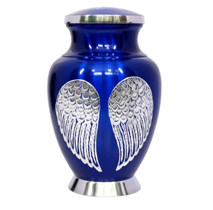 Urna Funeraria de Metal (Latón/Aluminio) con Grabado de Alas de Ángel en Azul, para Cenizas Humanas de Adultos - Product Image 1