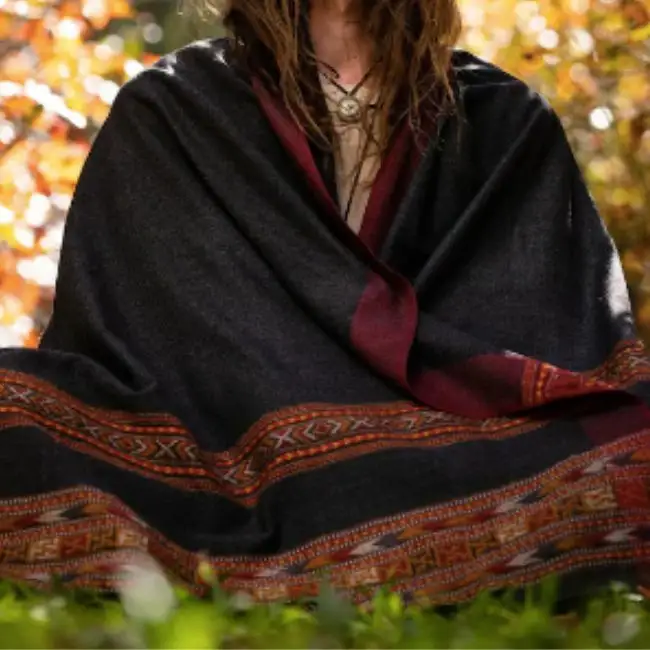 SAMADHI Meditation Prayer Shawl Blanket Cosy Dark Grey Cashmere Yak Wool and Acrylic Wool Blend Tribal Embroidery Handmade