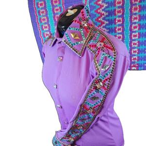 Camiseta de espectáculo occidental turquesa lavanda de cintura alta para mujer, cierre de cremallera transpirable, almohadilla de espectáculo a juego, ropa de equitación ODM - Product Image 3