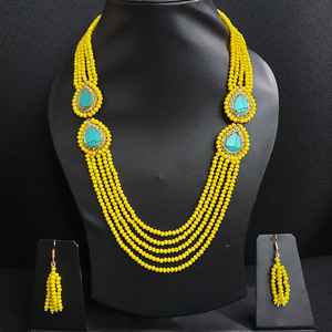 18K Gold Plated Bohemian Vintage <b>Fine</b> Jewelry Set Unique Yellow Turquoise <b>Beaded</b> <b>Necklace</b> with Earrings - Product Image 3
