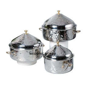 <b>Set</b> of Three Metal Etching Design Hotpot Double Wall Tabletop Casserole Round Shape Luxury New Metal Food Warmer - Product Image 1