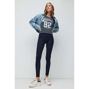 Leggings Deportivos Sin Costuras de Tela Elástica de Cintura Alta Azul Marino - Product Image 1