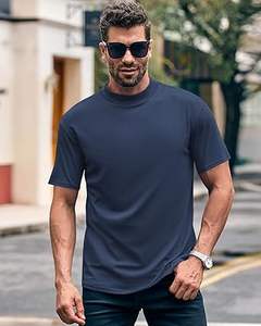 T-shirts d'extérieur personnalisés à col montant bleu marine 100% coton à épaules tombantes, surdimensionnés, lourds, respirants et décontractés - Product Image 5