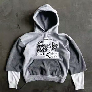 Personnalisé Double Couche Gaufre Manches Pull Sweat 100% Coton Bloc De Couleur Gris Applique Brodé Patchwork À Capuche Hommes - Product Image 5