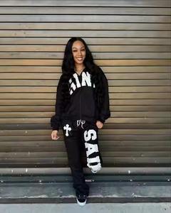 Conjunto de Sudadera con Capucha y Pantalones Deportivos con Estampado Bordado Desgastado Personalizado, Lavado Ácido, Cierre de Cremallera, Pantalones Deportivos Acampanados y Sudadera con Capucha - Product Image 2