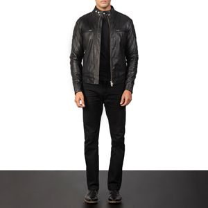 Gatsby-Chaqueta de motorista de piel de oveja auténtica para hombre, cazadora con cremallera, forro de viscosa acolchado y bolsillos exteriores interiores, color negro - Product Image 6