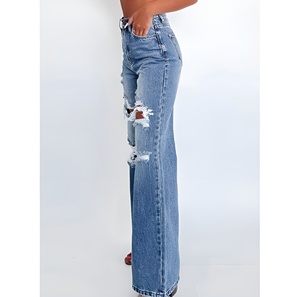 กางเกงยีนส์สไตล์ไฮสตรีทสไตล์วินเทจของผู้หญิงเอวสูงขากว้างทรงหลวมดีไซน์ทรงหลวมแนวสตรีทสีเข้ม - Product Image 6