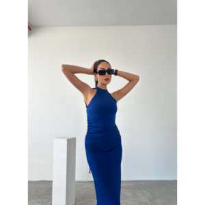 เดรสผ้าซาตินทรงเข้ารูป คอแบบผูกเชือก ด้านหลังมีเชือกผูก แต่งระบายช่วงเอว สีแซนดี้ - Product Image 5