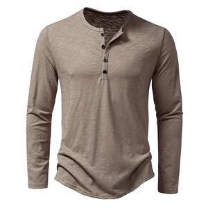Nouveaux hommes coton Henley t-shirt à manches longues T-Shirts basique décontracté bouton col respirant quotidien haut t-shirts - Product Image 5
