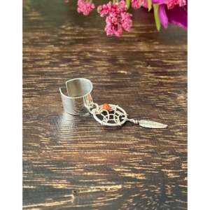 Navajo Crafted Fine Sterling Silver & Coral Dreamcatcher Ear <b>Cuff</b> Earrings - Product Image 3