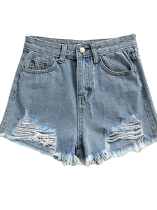 กางเกงยีนส์ขาสั้นเอวสูงสำหรับผู้หญิงใหม่กางเกงลำลองเอวสูงแบบสปอร์ตระบายอากาศได้ทรงหลวมผ้ายีนส์เอวยางยืดลายฮอตสไตล์ฤดูร้อน - Product Image 4