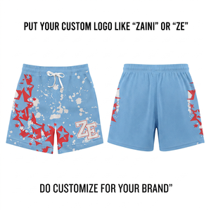 Shorts en maille de coton premium 180 GSM, bleu ciel et rouge uni, avec logo personnalisé, taille mi-haute, fermeture à cordon, séchage rapide, respirant, écologique - Product Image 1