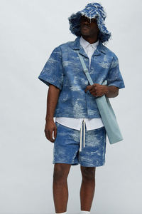 Mens casual blue textured drawstring shorts with an abstract washed pattern <b>elastic</b> <b>waistband</b> and relaxed fit for summer - Product Image 2
