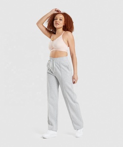 Pantalon de jogging ample oversize à jambe droite pour femmes, gris clair, en éponge française avec devant plat, nouveau design d'entraînement décontracté - Product Image 4