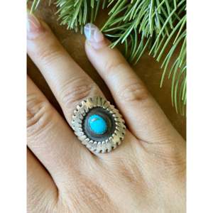 Phillip Tsosie Kingman <b>Boho</b> Style Statement <b>Ring</b> Bezel Set Turquoise Sterling <b>Silver</b> Marquise Cut Size 9.25 for Everyday Wear - Product Image 2