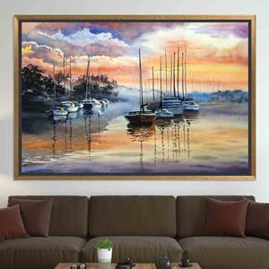Printed Canvas Artwork: Abstract Seascape with Sunset Sailboats,GOLD <b>FRAMED</b> CANVAS - Product Image 1