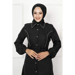 Vestido cuello camisa detalle perla Antracita - Product Image 1