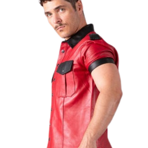 Slim Fit Leather Shirt <b>Red</b> <b>and</b> <b>Black</b> Mens Faux Leather Short Sleeve Fetish Button Down <b>Top</b> - Product Image 2