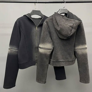 Diseñador personalizado lavado ácido Zip-Up Sudadera con capucha recortada desgastada peso pesado poliéster/algodón transpirable Digital impreso hombres mujeres - Product Image 6