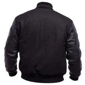 Veste varsity noire pour homme avec manches en cuir marron, boutons sur le devant, col montant, vêtement décontracté d'automne, coupe classique - Product Image 6