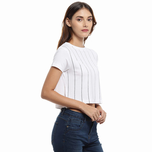 Summer Women Round Neck Short Sleeve Stripe T-<b>Shirt</b>, White/<b>Black</b> Crop Top for Women Made With High Quality Cotton Fabric - Product Image 6