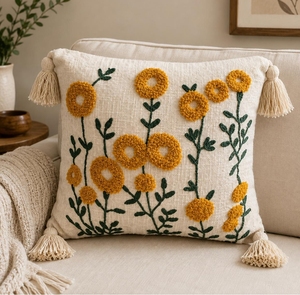 Handmade Cotton Floral Embroidered Throw <b>Pillow</b> with Insert Yellow <b>Flower</b> Meadow Cushion with Tassels for Living Room - Product Image 1