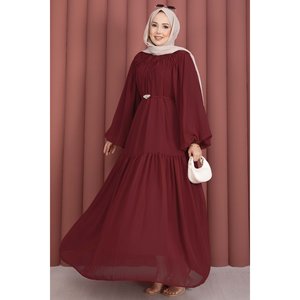 Robe de soirée en mousseline bordeaux pour femme, avec détail froncé, ceinture, silhouette trapèze, taille empire discrète, longueur ras du sol, robe de bal XL - Product Image 1