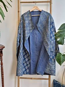 100% Natural Cotton Fabric Indigo Kantha Kimono Jacket Handmade Digital Festive Party <b>Dresses</b> Summer Spring Washable Giftings - Product Image 3